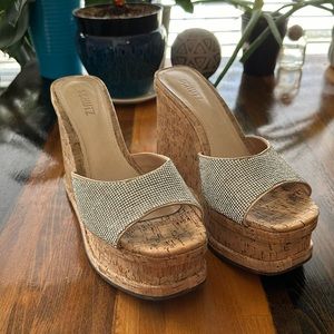 Schutz Dalle Crystal Embellished Strap Slip On High Heel Cork Wedges Sandals